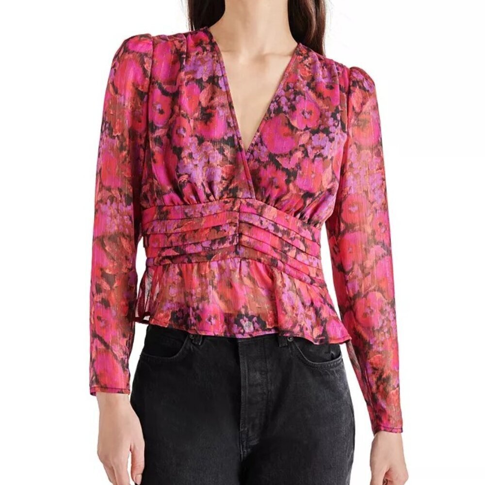 Steve Madden BNWT‎ Azura Floral V-Neck Peplum top with side zipper sz M - Picture 2 of 8
